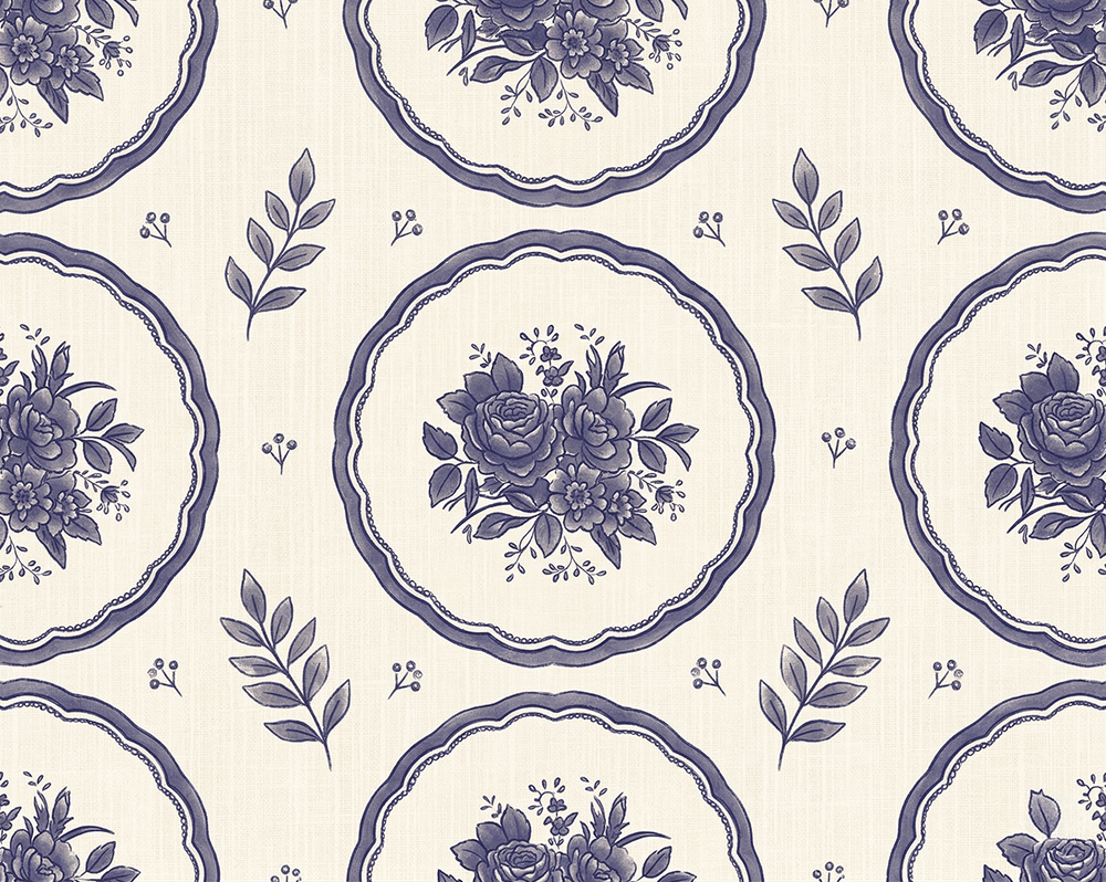 Pattern of vintage floral designs with roses and leaves in purple on a light background.