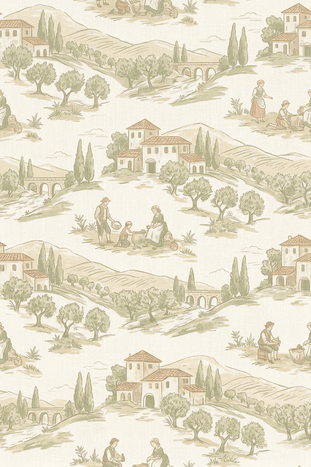 A scenic, pastoral Italian countryside landscape with rolling hills, winding paths, cypress trees, olive trees, old stone houses, and small bridges. People are depicted carrying out everyday activities such as conversing, tending to livestock, and sitting on the ground.