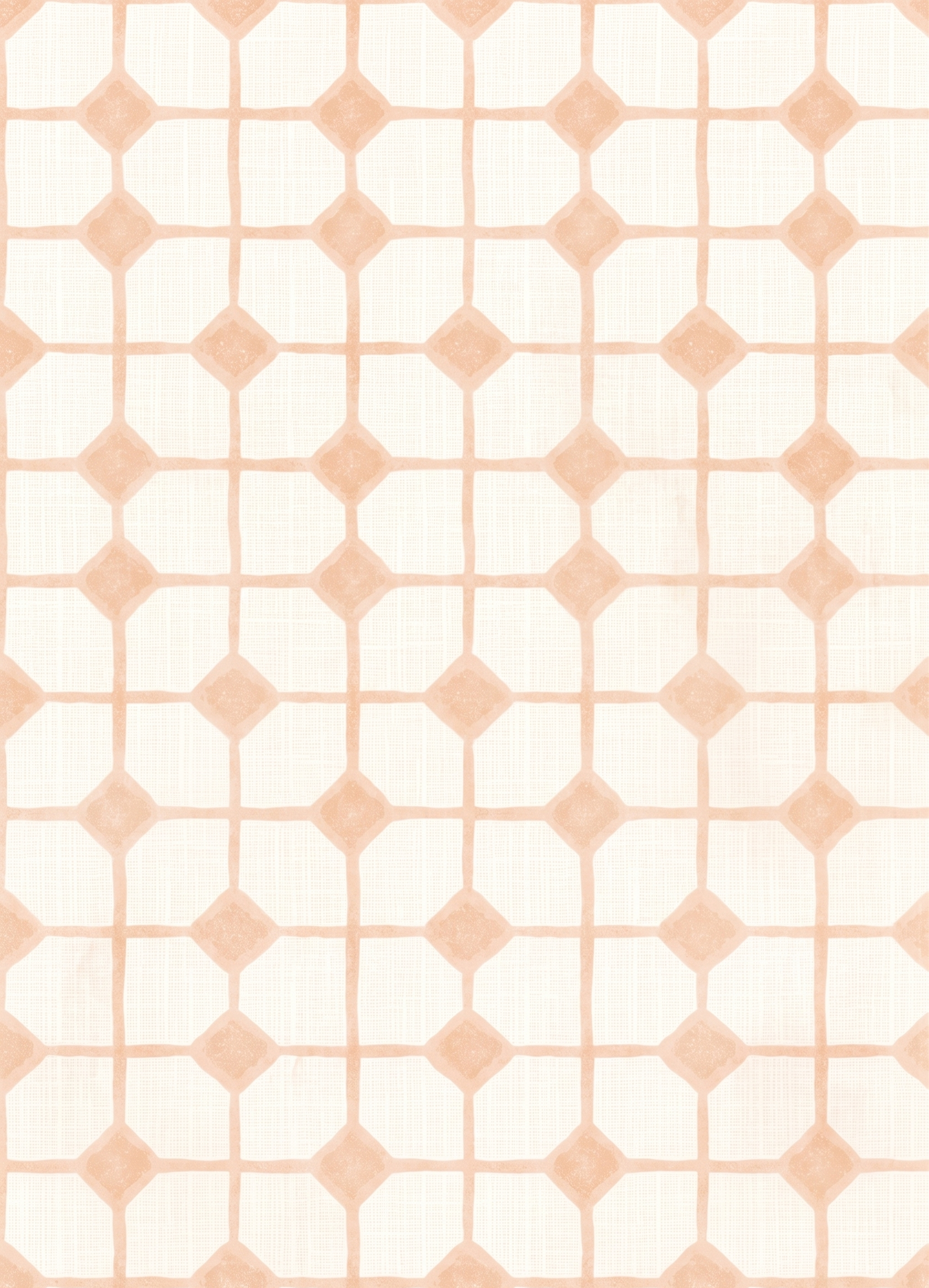 A patterned beige and light pink wallpaper with geometric shapes forming a repeating grid of squares and diamonds.