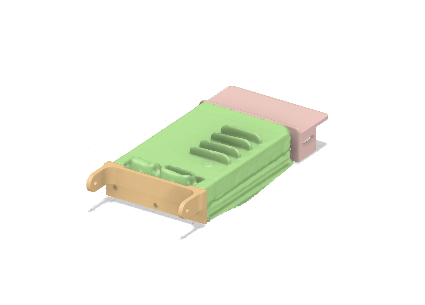 A detailed diagram of a small green-colored electronic or mechanical component with beige and pink parts attached at both ends.