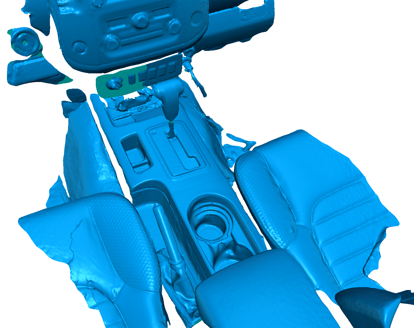 A 3D scan of the interior of a car, focusing on the center console, gear shift, and front seats.