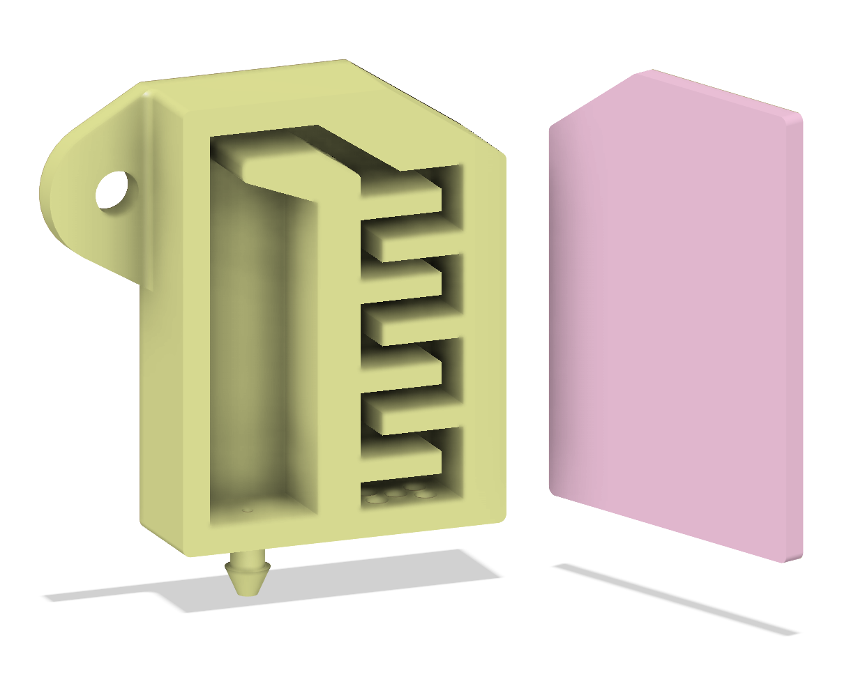 A 3D illustration of a small, yellow vending machine with a single slot and multiple compartments behind a pink cover, with a small rounded bottom nozzle, on a flat surface.