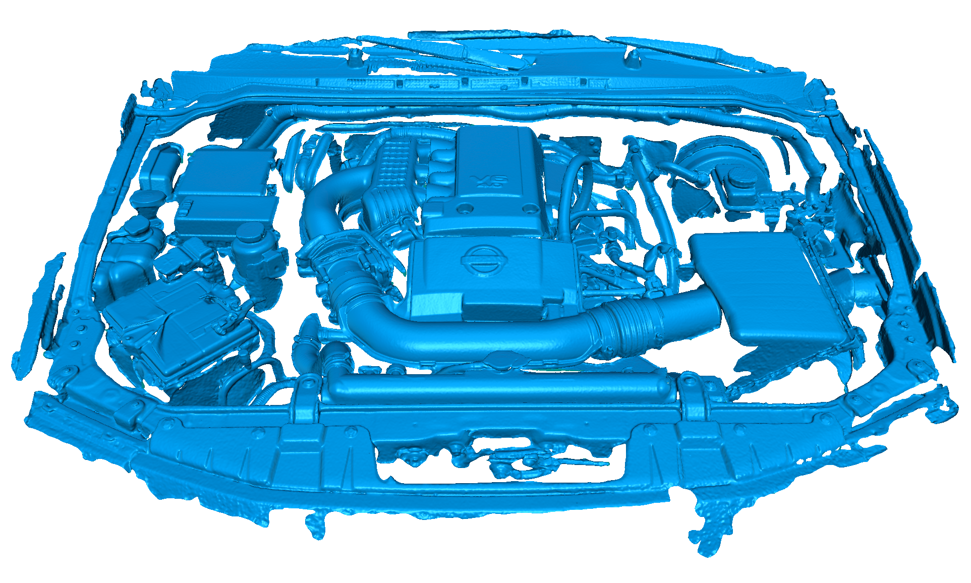 A digital illustration of a car engine viewed from above, rendered in blue.