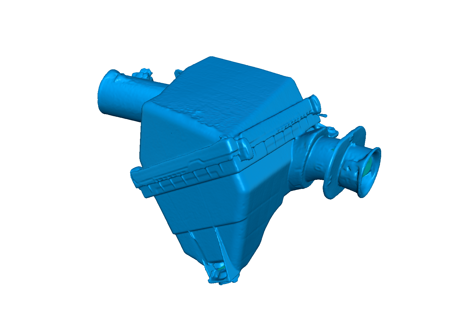 3D digital rendering of a mechanical part or device, primarily blue in color, with a cylindrical component on the right and a boxy structure attached to it.
