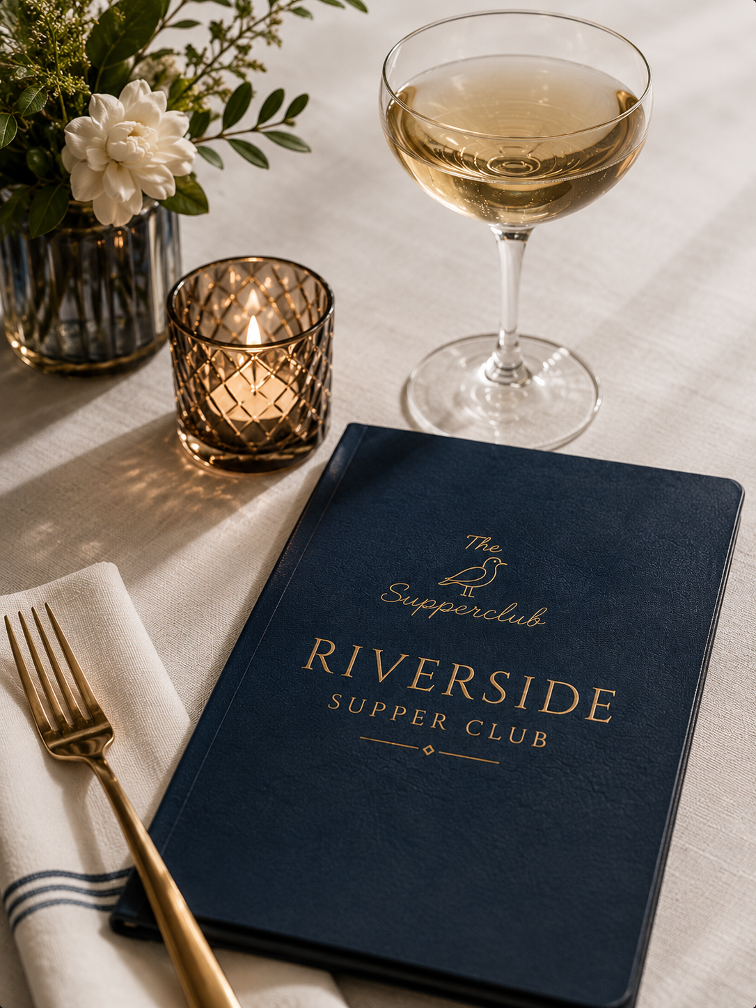 Elegant table setting with a dark blue menu titled 'Riverside Supper Club,' a gold fork on a neatly folded white napkin, a lit candle in a decorative holder, a glass of white wine, and a floral arrangement with white flowers and green leaves in the background.
