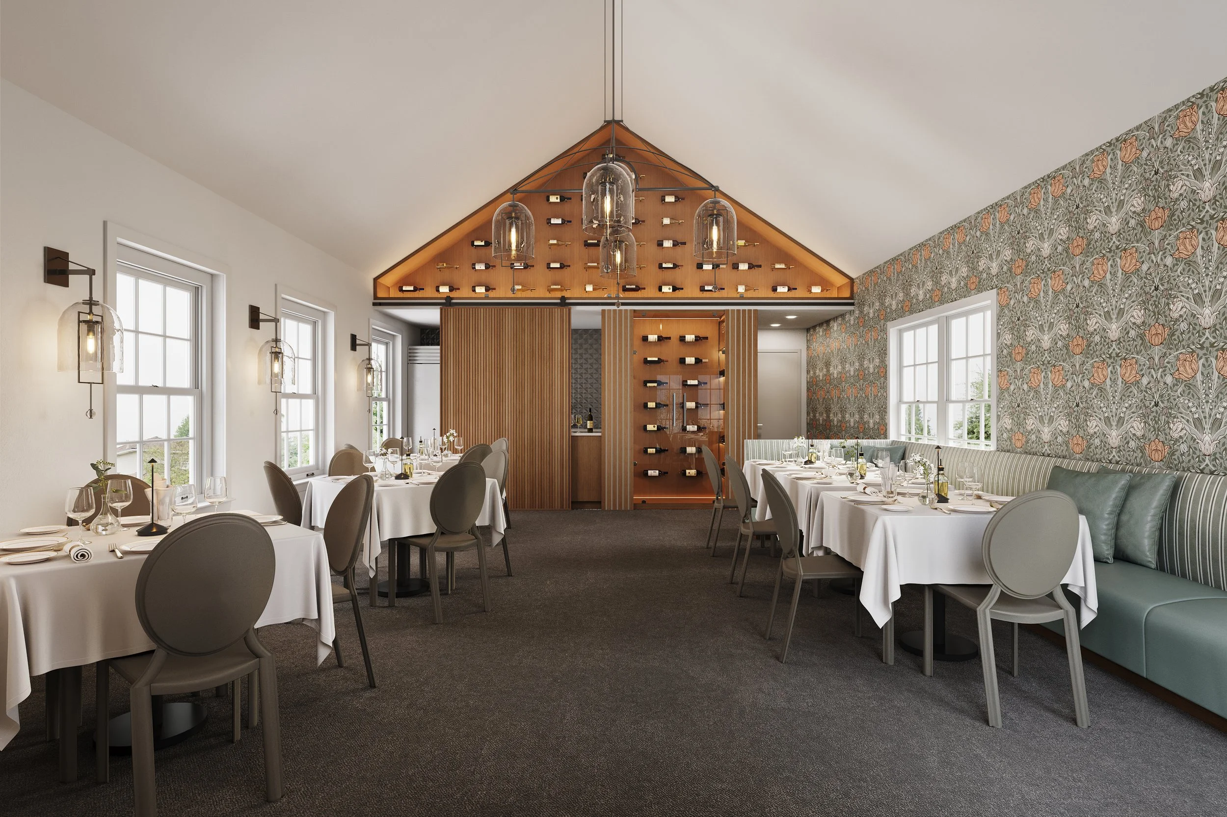 Elegant restaurant interior with round tables set for dining, large windows, floral wallpaper, modern lighting fixtures, and a wine rack feature on the wall.