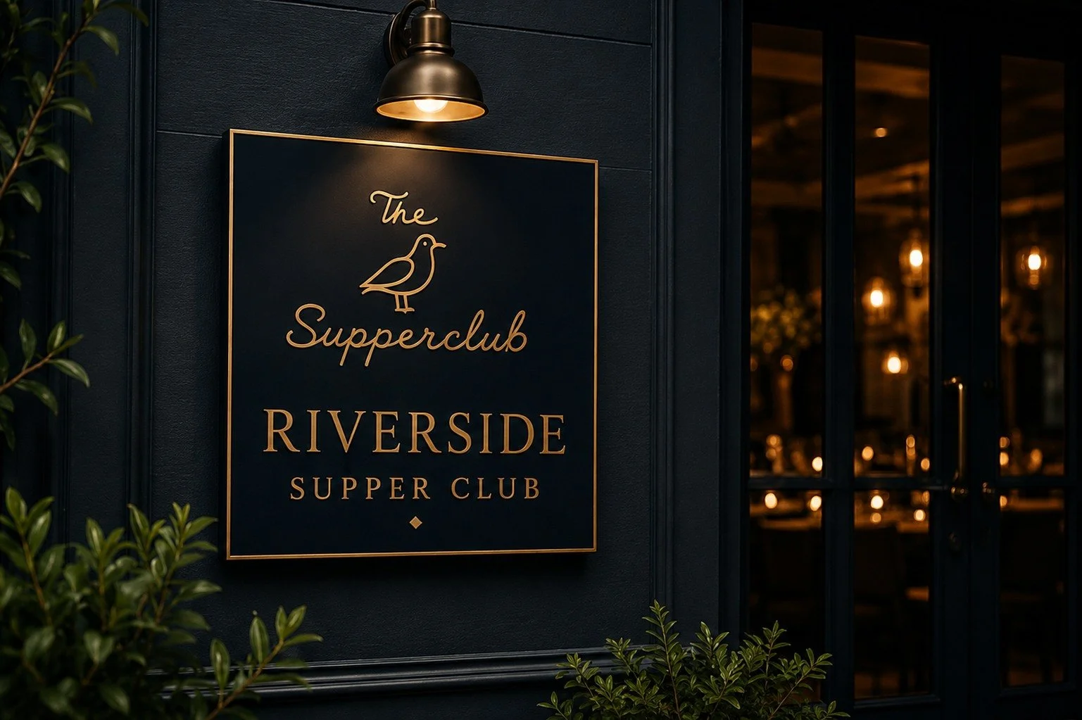 Sign outside a restaurant or club called 'The Supperclub Riverside' with a bird illustration, mounted on a dark wall illuminated by a lamp, with a glass door and warm interior lights visible in the background.