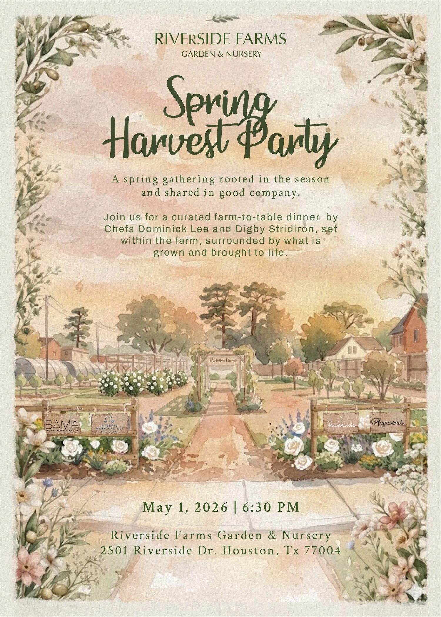 Invitation for the Riverside Farms Garden & Nursery Spring Harvest Party scheduled for May 1, 2026 at 6:30 PM. The invitation features a watercolor illustration of a farm with trees, houses, and a garden gate, surrounded by floral borders.