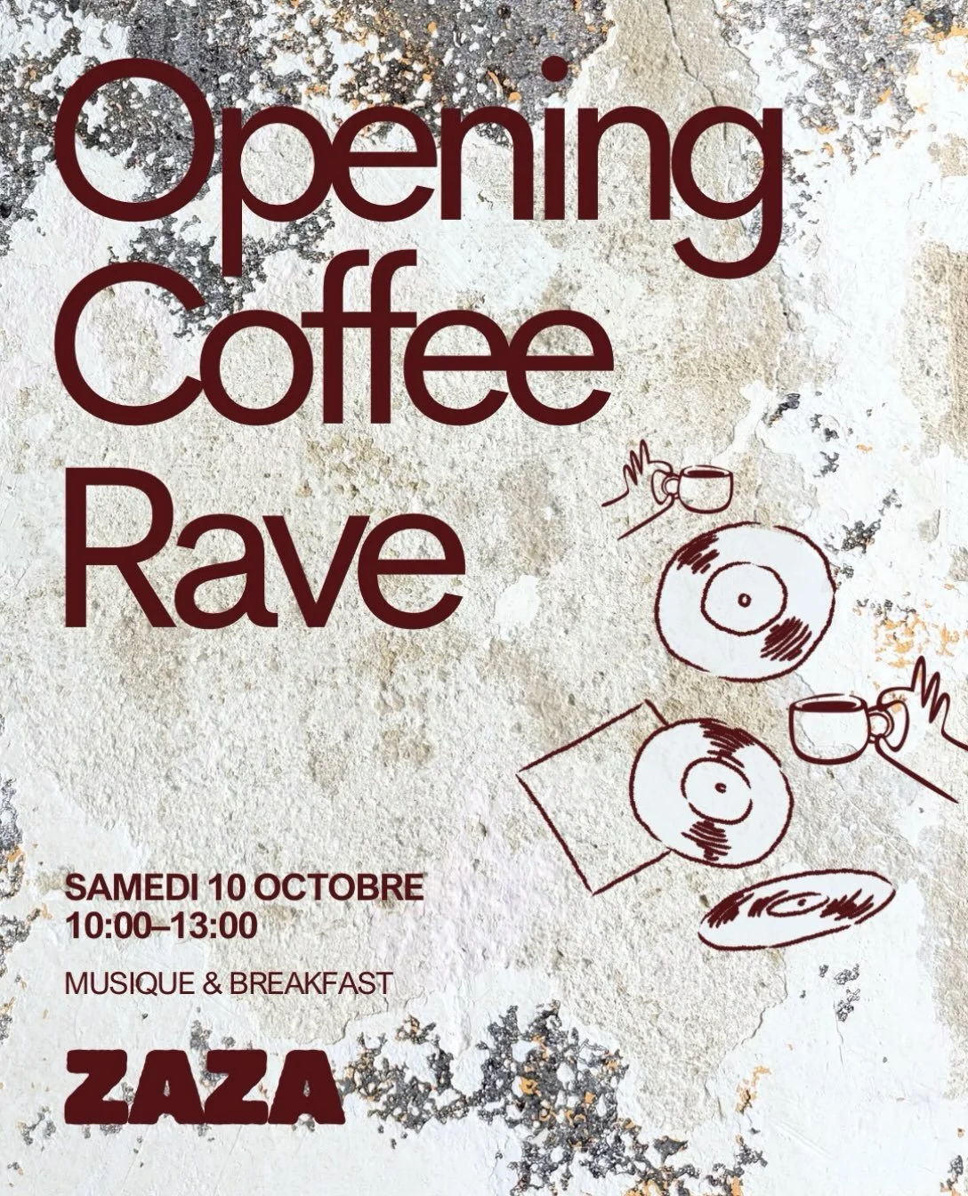 OPENING RAVE COFFEE - 10.10

Le caf&eacute; de ZAZA ouvre enfin ses portes ⭐️

Rendez-vous samedi 10 octobre de 10h &agrave; 13h pour une premi&egrave;re matin&eacute;e chez ZAZA en musique avec @sablesonore et ses sonorit&eacute;s Afrocean Vibes &md