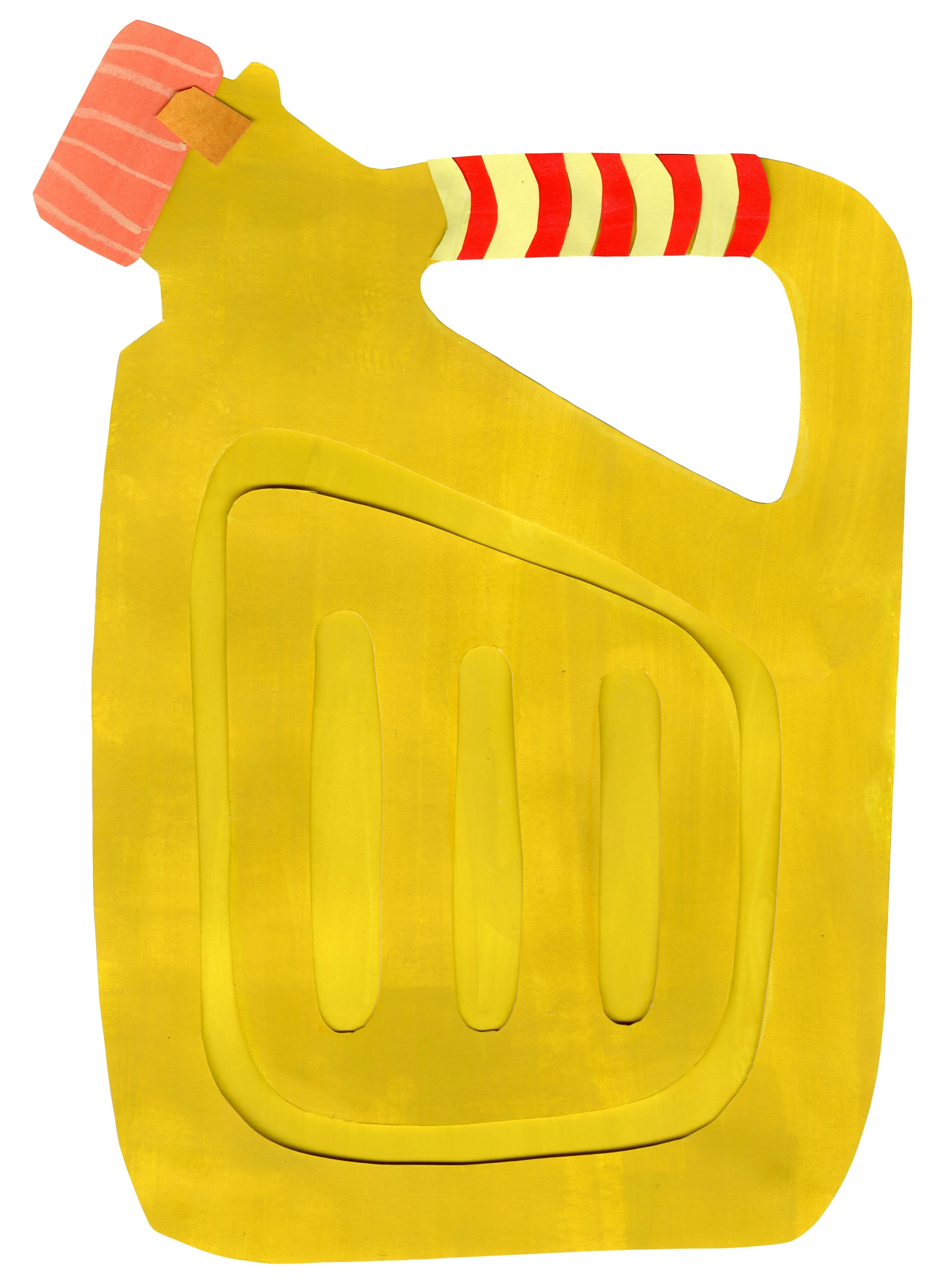 collage van een gouache op papier van een gele jerrycan voor brandstof met een rood-wit gestreept handvat en een roze dop.