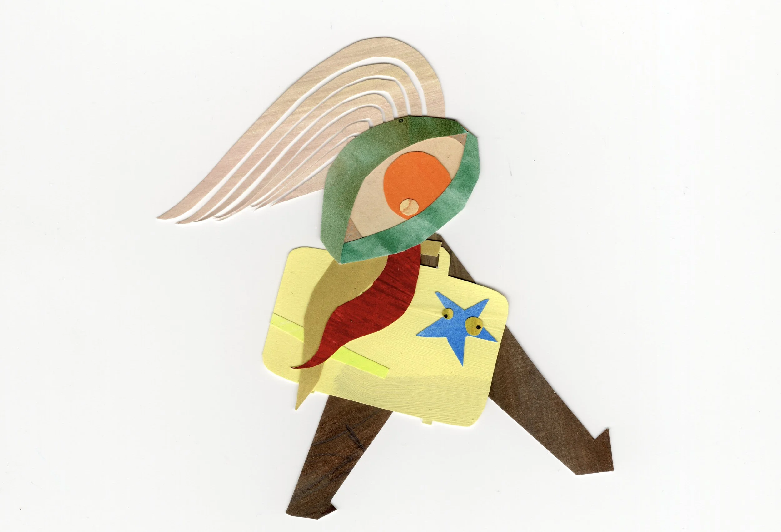 Acryl gouache op papier collage illustratie van een abstract eenogig figuur met mohawk (hanenkam), rode baard, bruine benen, lichtgele koffer in de hand met daarop een sticker in de vorm van een ster met ogen,  op een witte ondergrond.