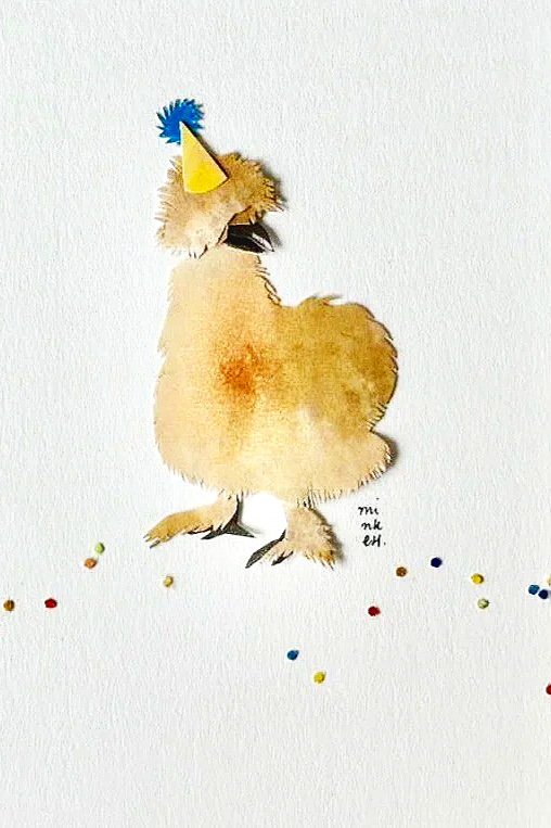 A watercolor painting of a chubby silkie wearing a yellow party hat with blue pom-pom, standing on a white surface with small colorful confetti scattered around.