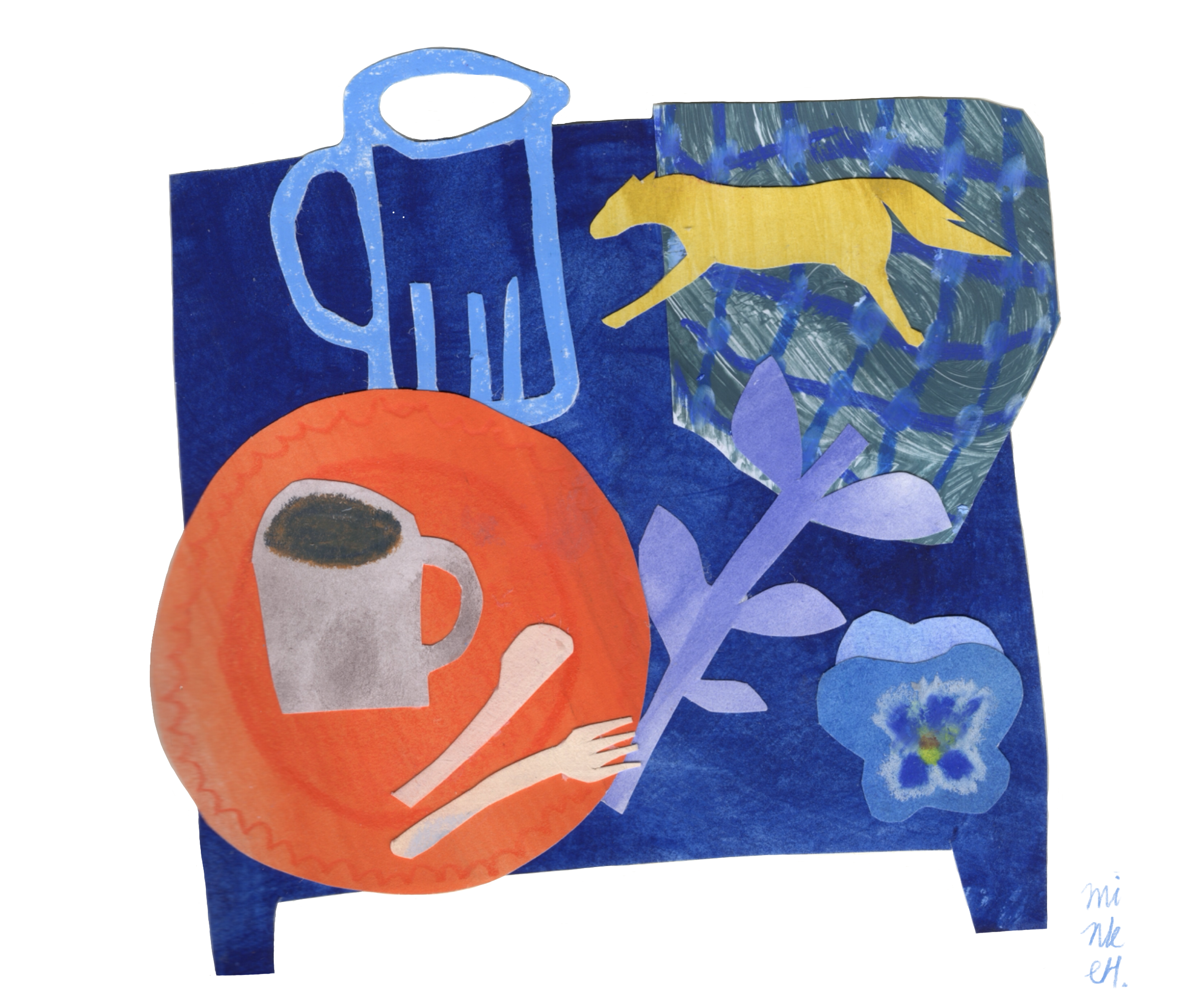 A colorful collage featuring a blue background with various cutout images: a blue and white mug, a yellow horse, a purple flower, a purple leafy branch, a cup of coffee with a spoon, and a yellow and green abstract pattern.