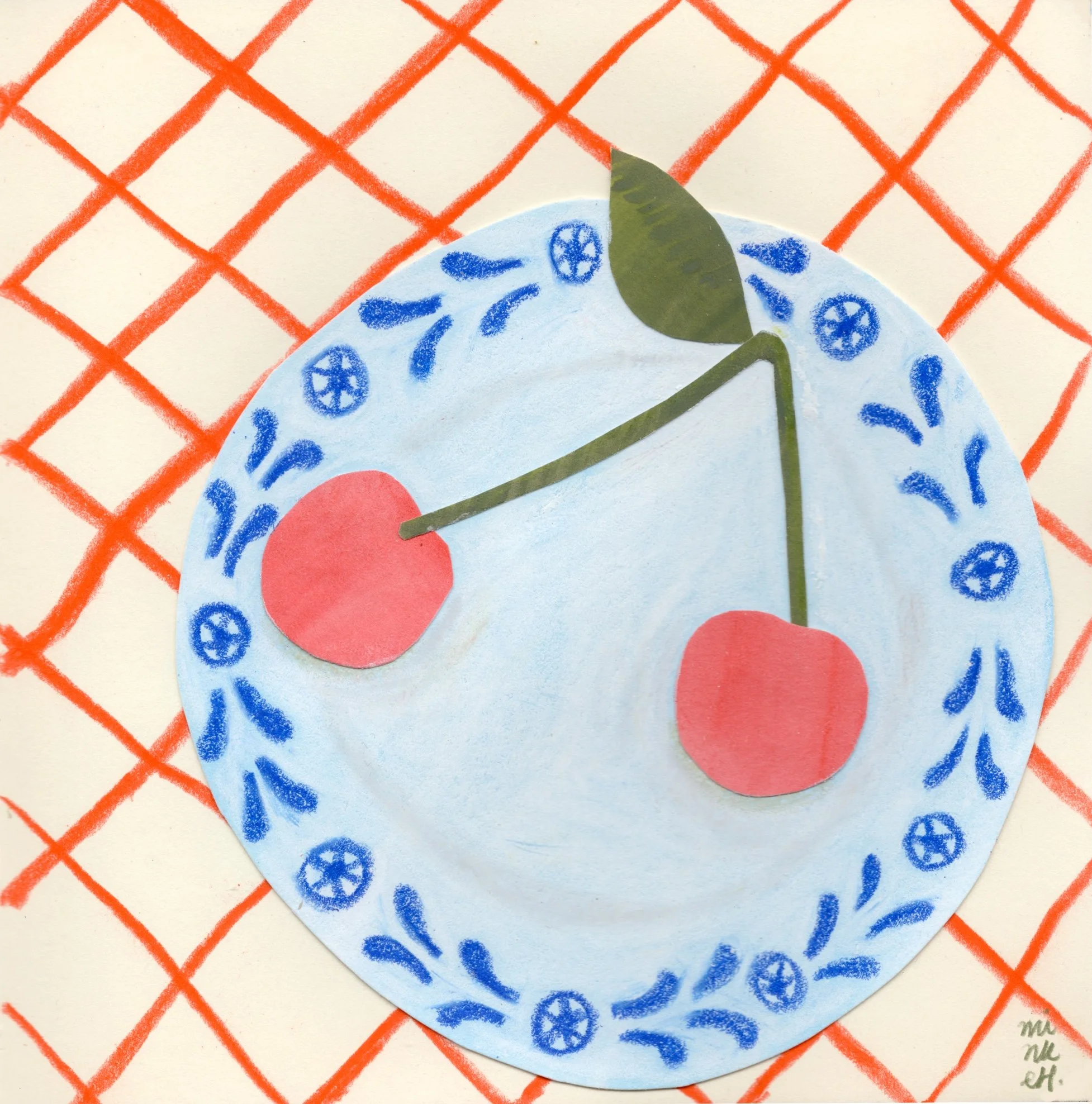 Collage and drawing of two cherries on a white plate with blue decorations on a red-cream checkered background.
