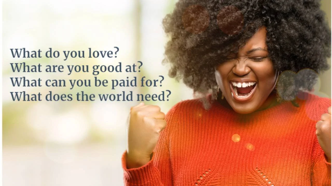 Woman in victory motion with questions: what do you love?