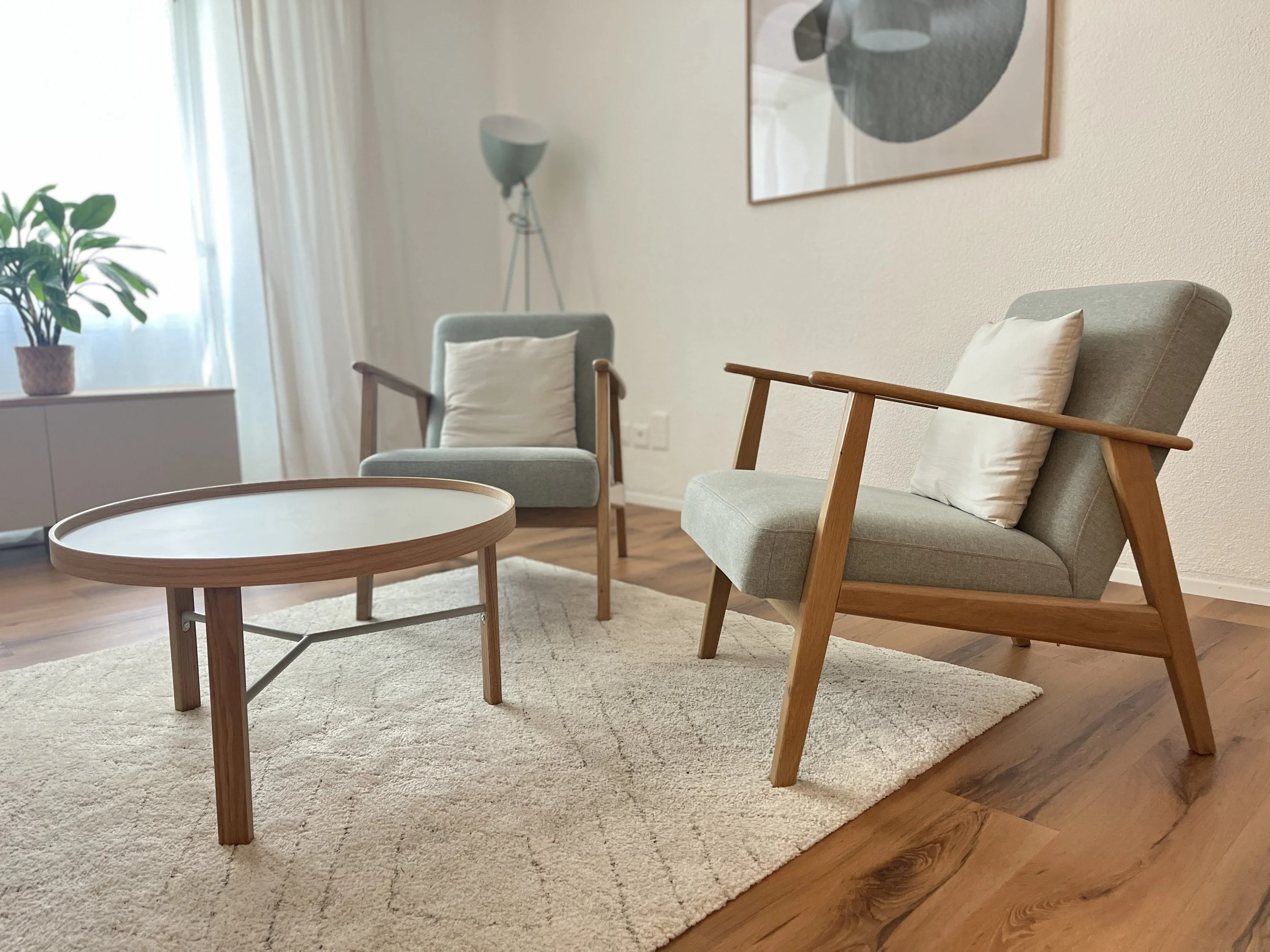 Ein gemütliches Wohnzimmer mit zwei Sofas, einem Kamin, einem kleinen Tisch und einem Pflanzen in einem Raum mit Holzboden und weißen Wänden. Psychologie Luzern