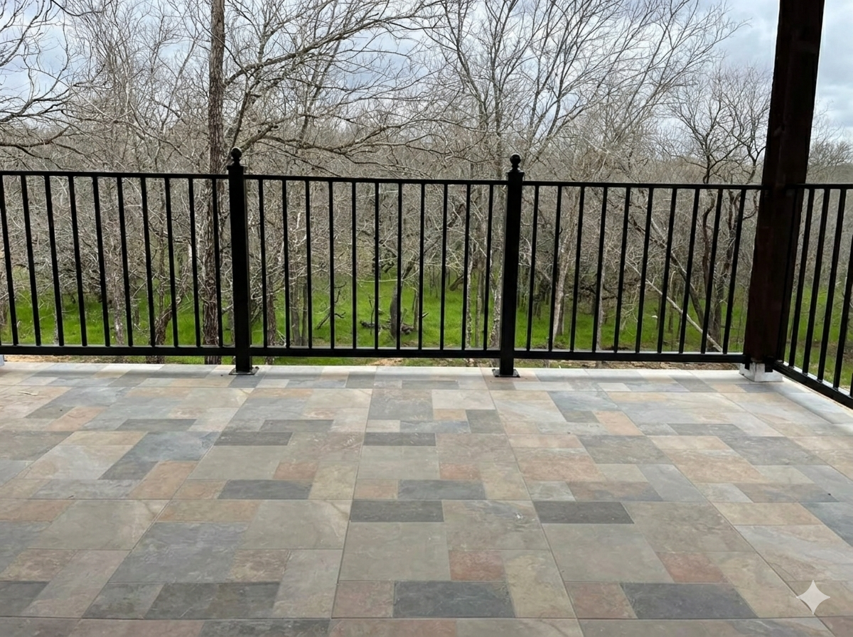 Balcony with stone tile flooring overlooking leafless trees and green grass in a wooded area