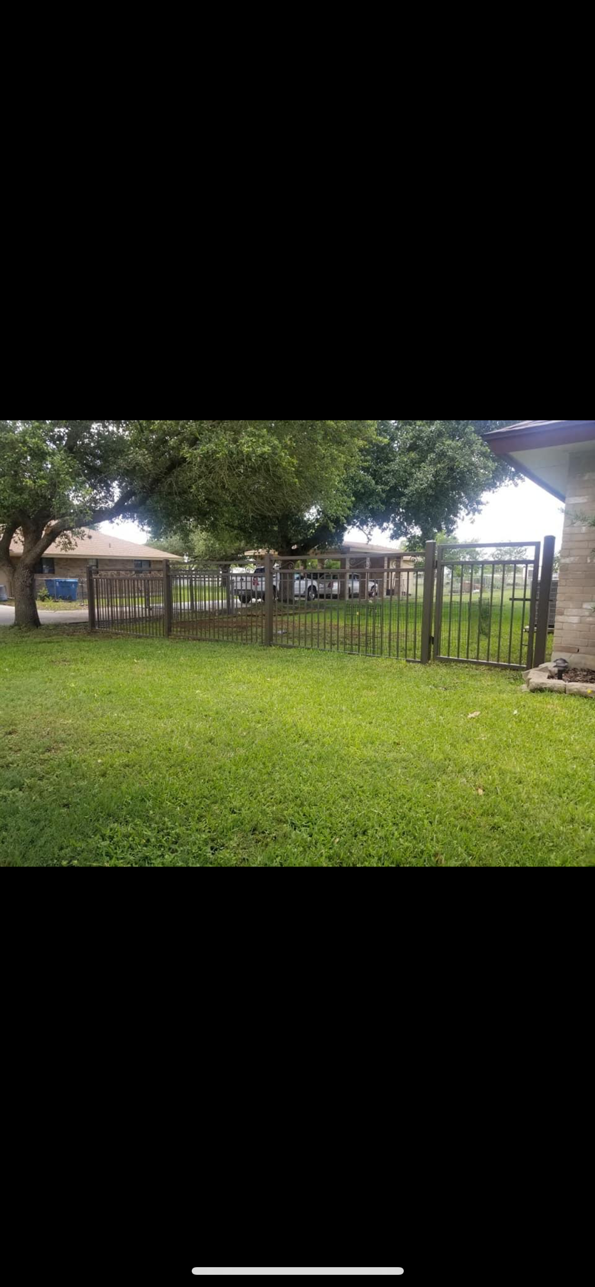 Residential backyard with green grass, trees, a black metal fence, and a side gate, with a house and parked cars visible in the background.