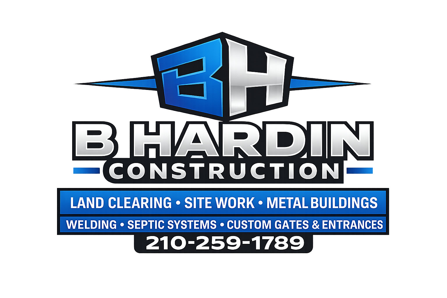 Logo of Bhardin Construction featuring 3D blue and silver letters, with services listed: land clearing, site work, metal buildings, welding, septic systems, custom gates and entrances, along with a phone number.