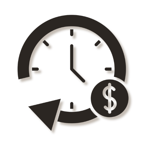 A clock with a dollar sign symbol and a downward arrow to demonstrate long-term performance.