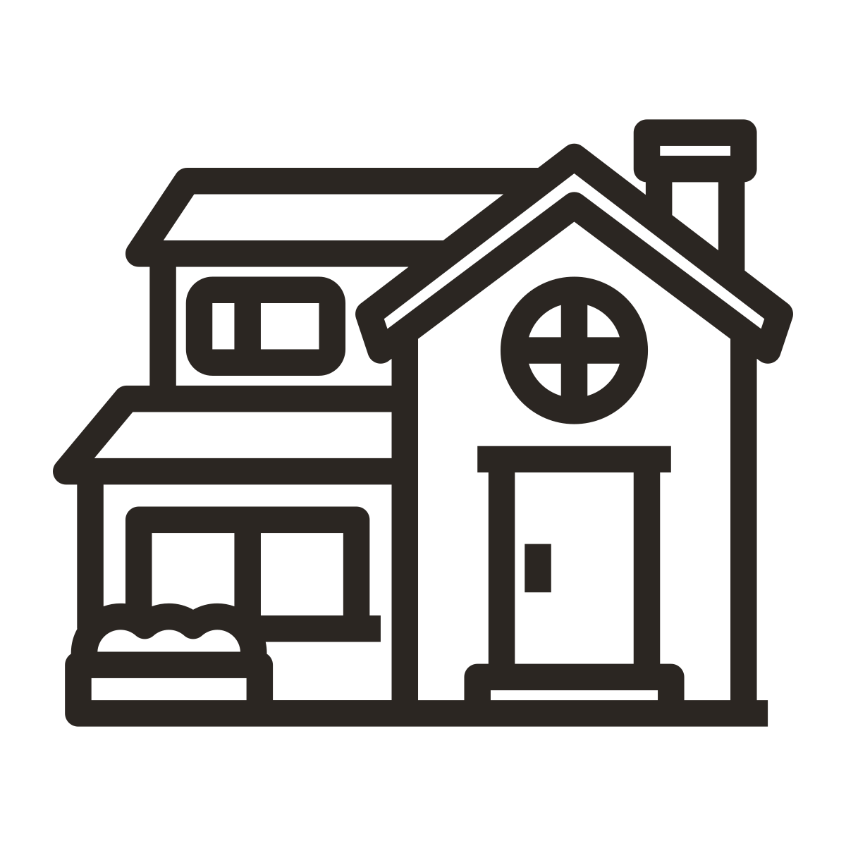 Outline of a two-story house with a porch, front door, round window, and chimney.