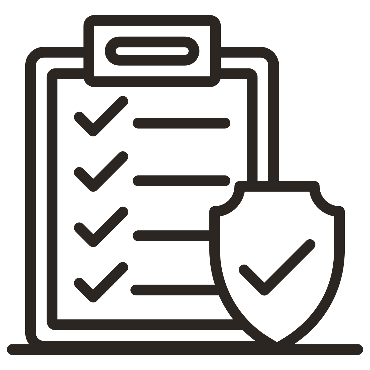 Outline of a checklist on a clipboard with a shield emblem and checkmark, representing security or protection.