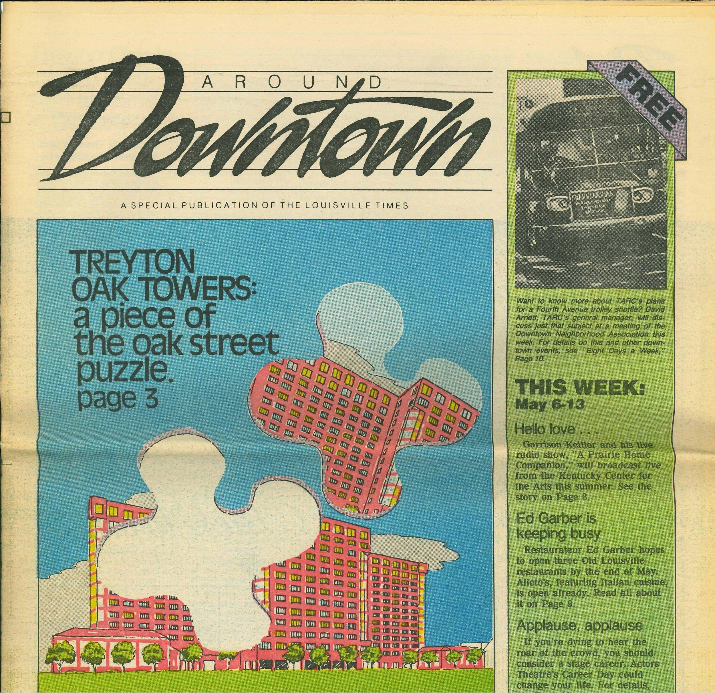 Colorful newspaper page with a header that reads 'Around Downtown.' The page features a map illustration of downtown Louisville with numbered buildings and trees at the bottom. There is a section with event details and other small articles in the green sidebar, including a section titled 'This Week' with the dates May 6-13.