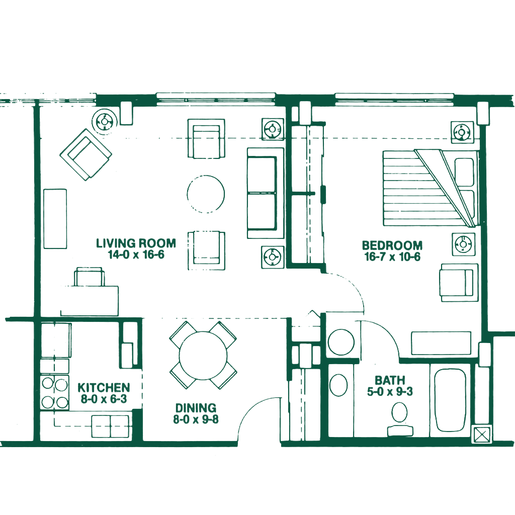 Floor plan of a one-bedroom apartment showing a living room, kitchen, dining area, bedroom, and bathroom, with measurements for each room.