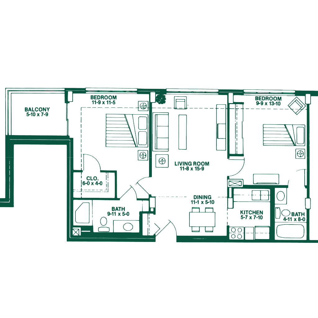 Floor plan of an apartment with two bedrooms, two bathrooms, a living room, dining area, kitchen, and balcony.