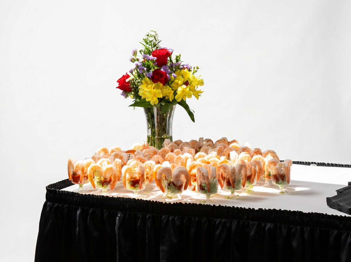A floral arrangement with red roses, yellow flowers, and purple accents in a glass vase, positioned behind a table with shrimp cocktail appetizers in small cups, on a black tablecloth, against a plain white background.