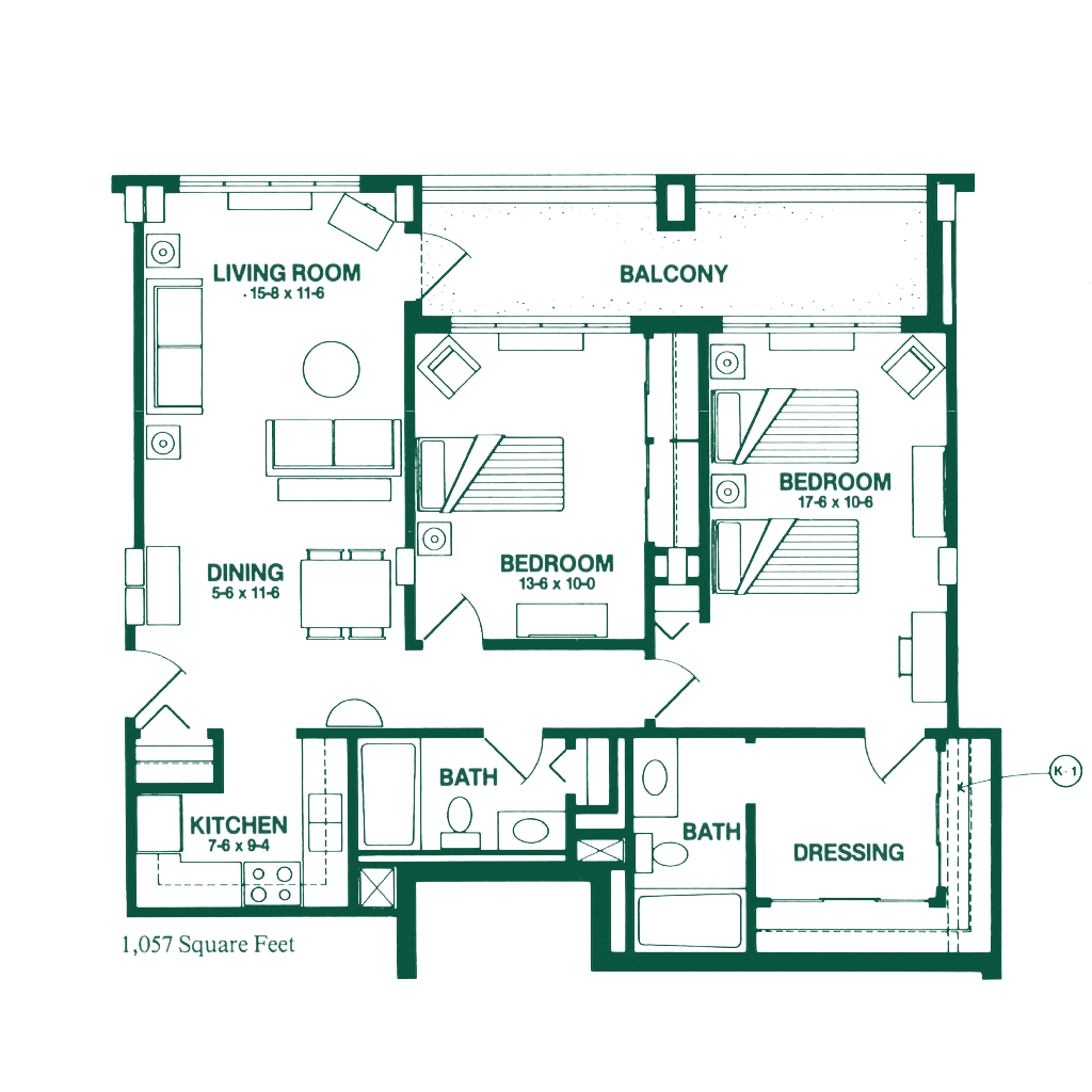 Floor plan of an apartment with labeled rooms including a living room, dining area, kitchen, three bedrooms, two bathrooms, a dressing room, and a balcony. The total area is 1,057 square feet.
