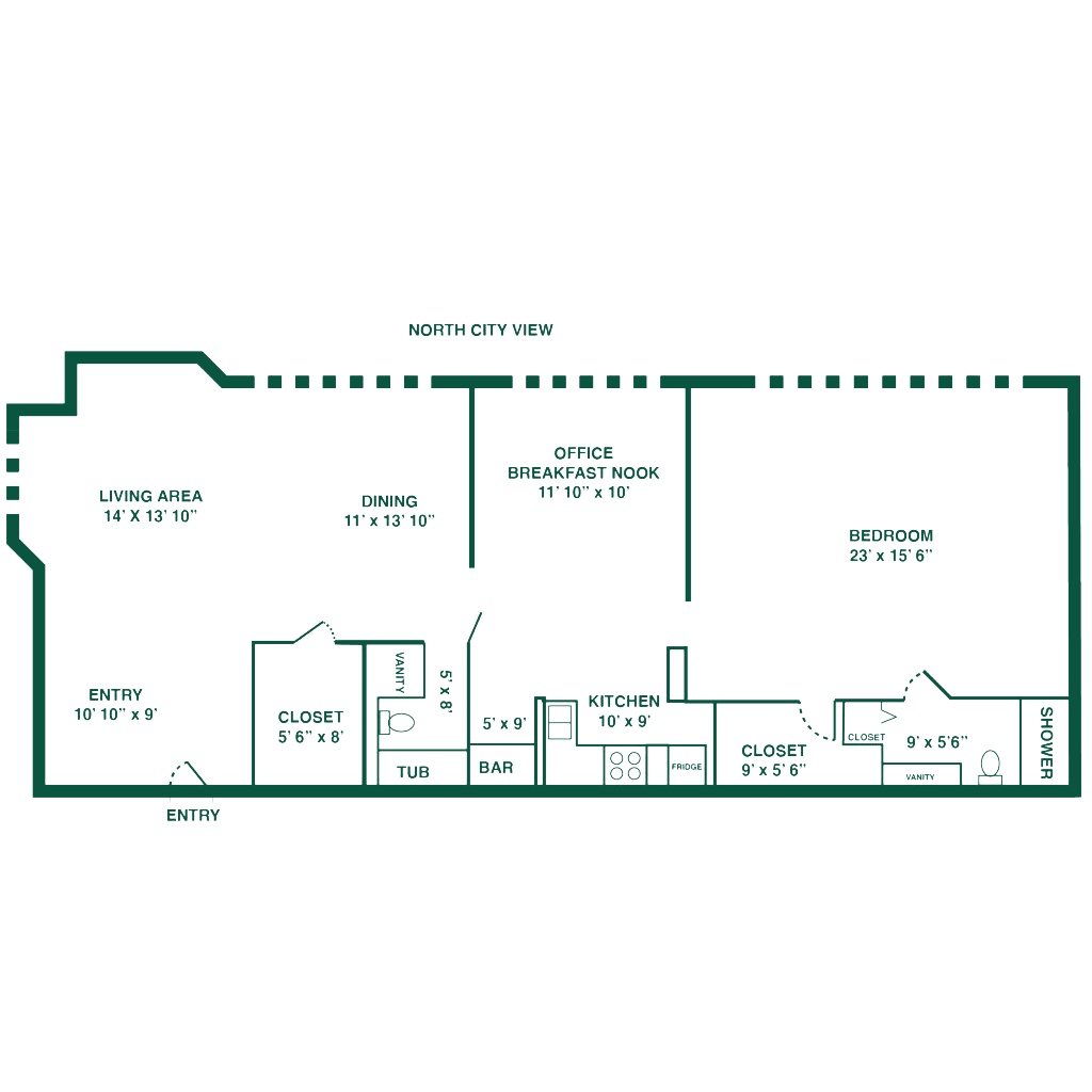 Floor plan of an apartment with labels for rooms including living area, dining room, office nook, bedroom, kitchen, bathrooms, closets, and entry points, along with measurements for each space.