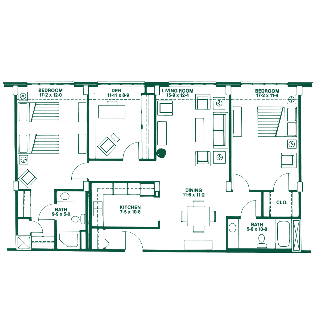 Floor plan of a house showing rooms including bedrooms, bathrooms, a kitchen, dining area, living rooms, and closets.