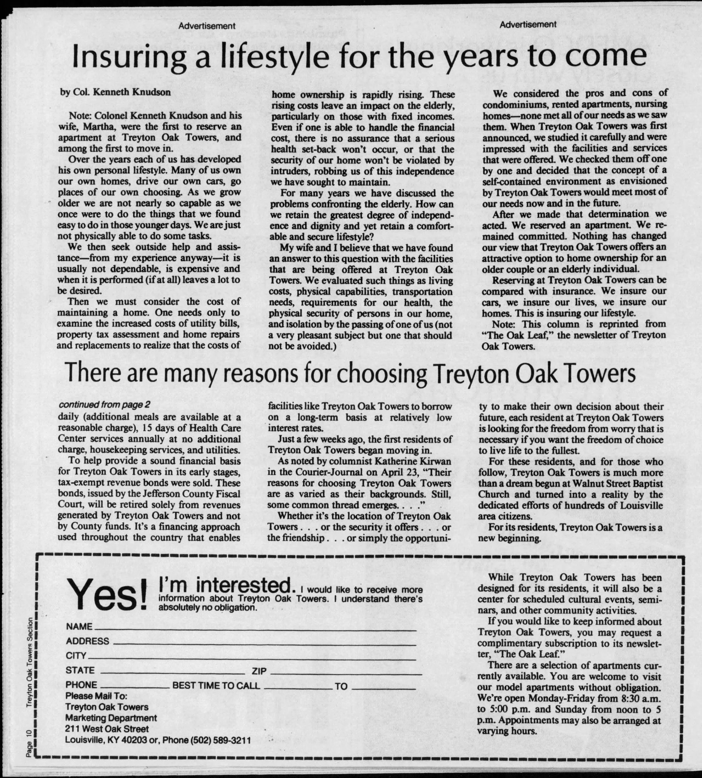 A newspaper page with an article titled 'Insuring a lifestyle for the years to come' discussing home ownership options at Treyon Oak Towers and related financial considerations. There is a section at the bottom with a form for interested individuals to fill out their contact details.