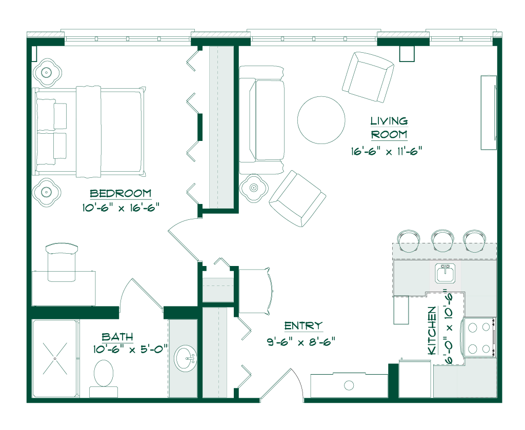 Floor plan of a one-bedroom apartment showing a bedroom, bathroom, living room, kitchen, and entryway with measurements.