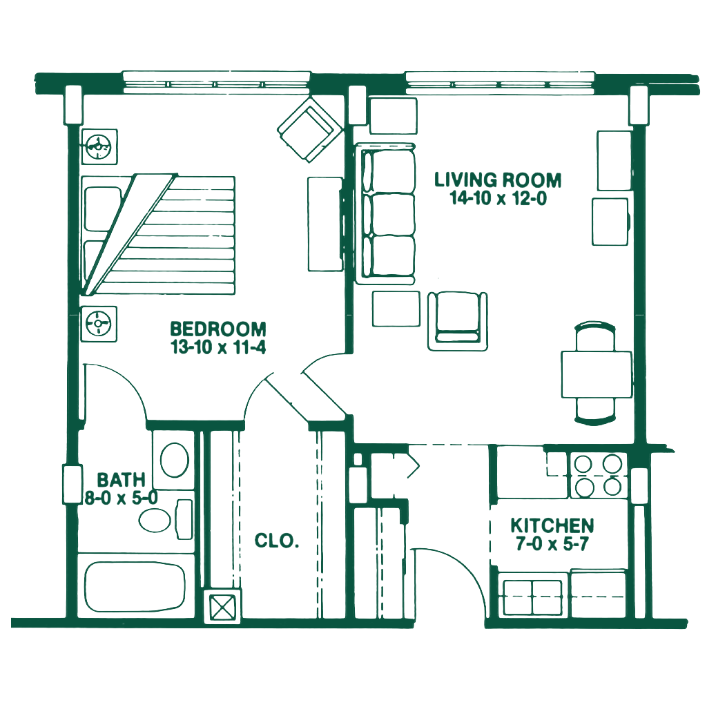 Floor plan of a one-bedroom apartment showing a bedroom, bathroom, living room, kitchen, closet, and entryway, with room dimensions.