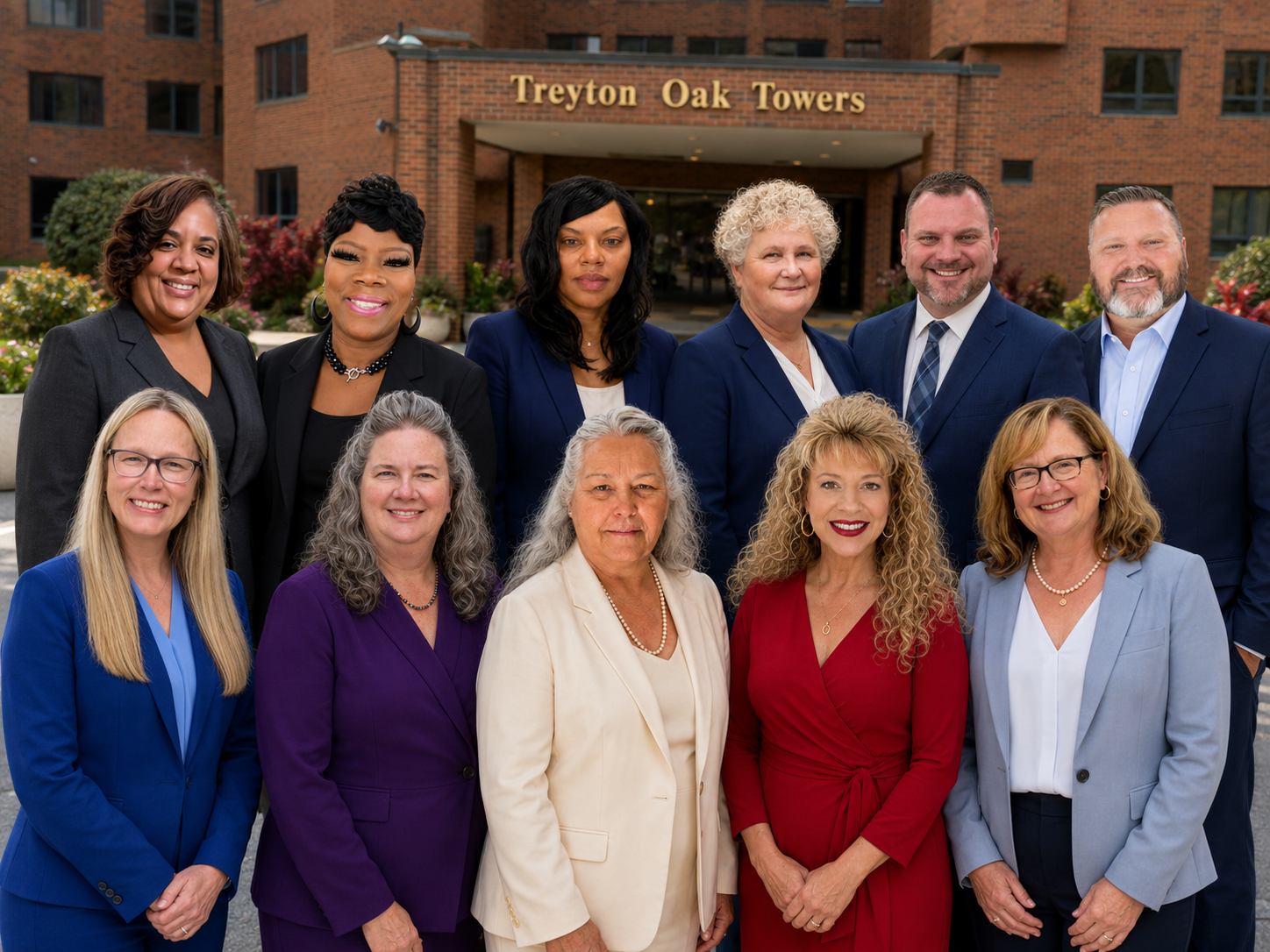 A group of twelve diverse professionally dressed people posing outside in front of a building named Treyton Oak Towers.