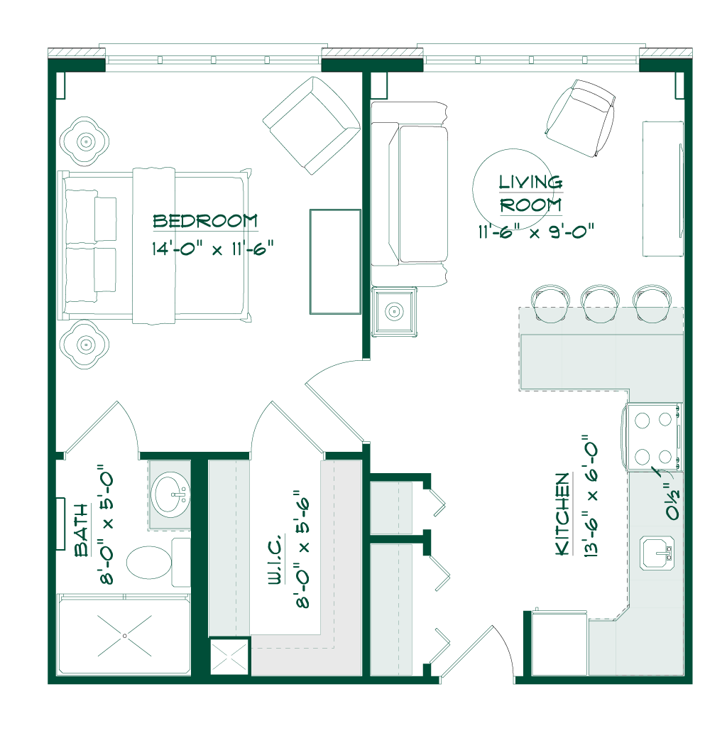 Floor plan of a one-bedroom apartment showing a bedroom, living room, kitchen, bathroom, and closet.