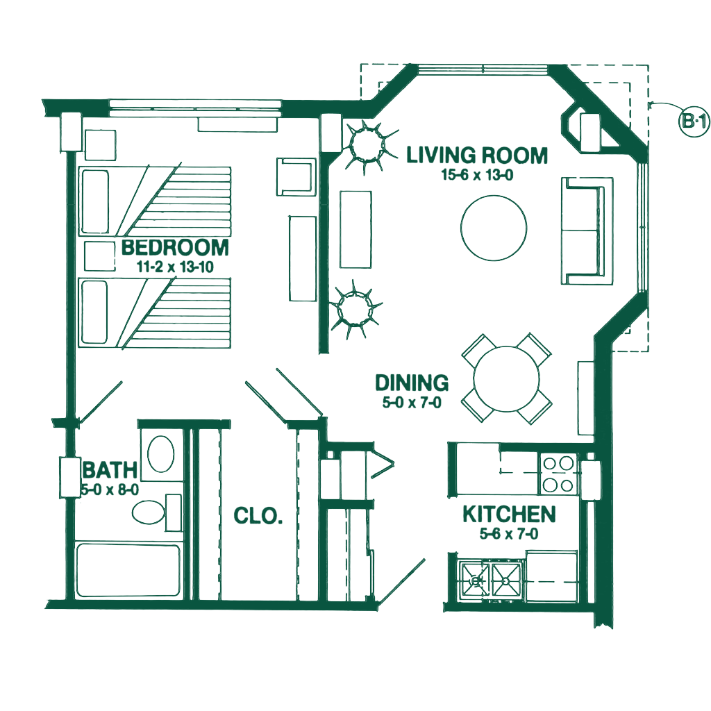 Floor plan of a one-bedroom apartment featuring a living room, dining area, kitchen, bedroom, bathroom, and closet.