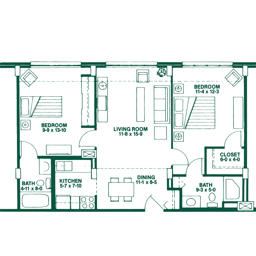 Floor plan of a two-bedroom apartment with a living room, dining area, kitchen, two bathrooms, and a closet. The bedrooms are labeled with dimensions, and the layout shows furniture placement.