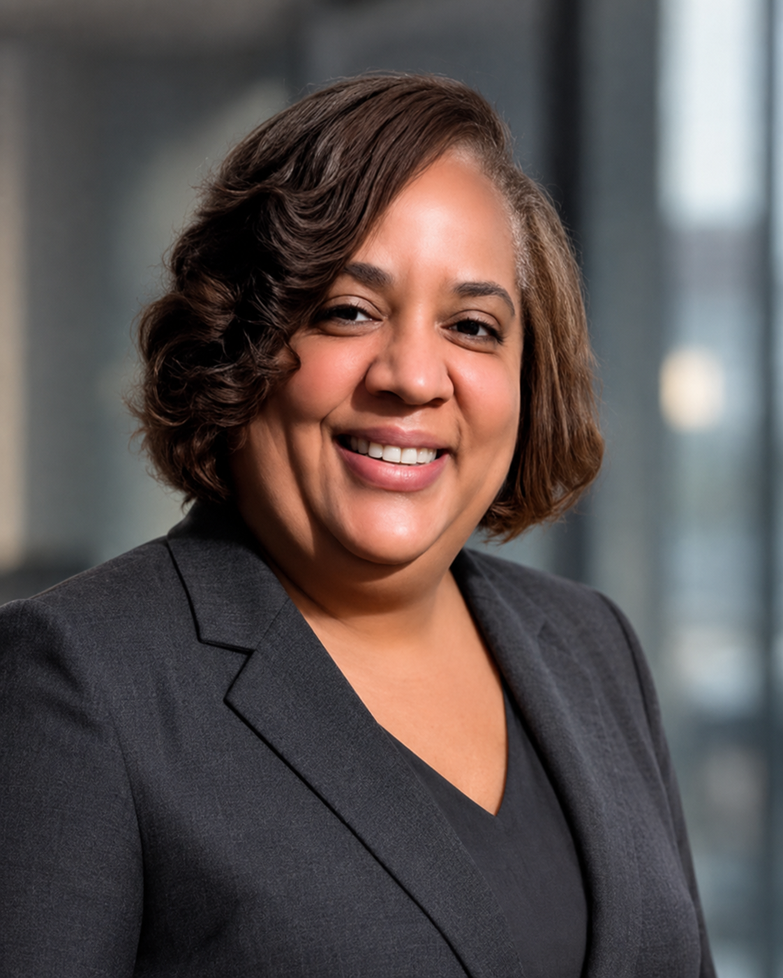 Professional woman with brown curly hair, wearing a dark blazer, smiling in front of a blurred office background.