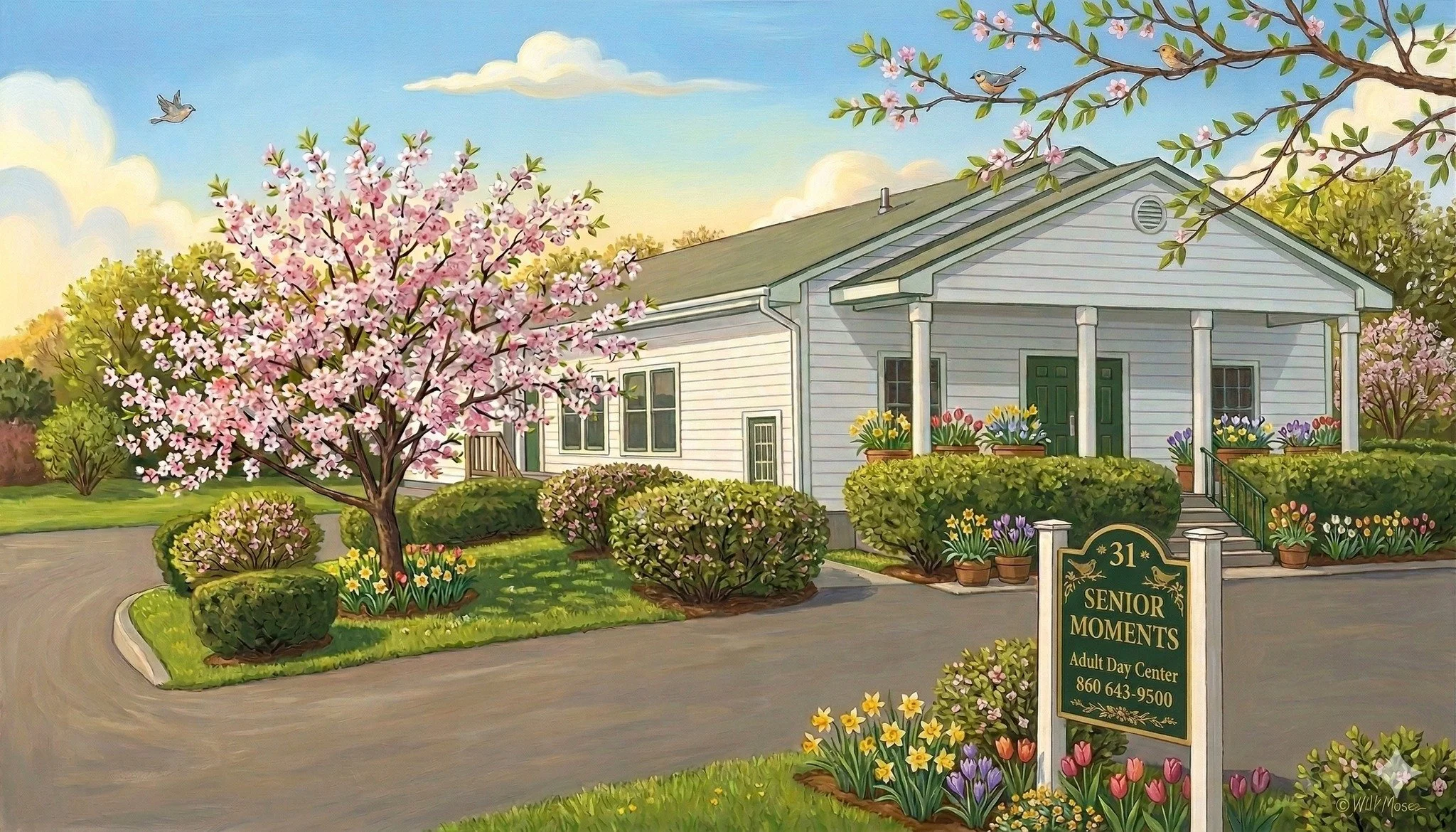 Painting of a white senior care facility with a green door, surrounded by blooming spring flowers, bushes, and trees, with a sign reading 'Senior Moments Adult Day Center' in front.