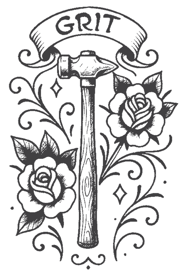 Tattoo graphic with banner declaring "GRIT"