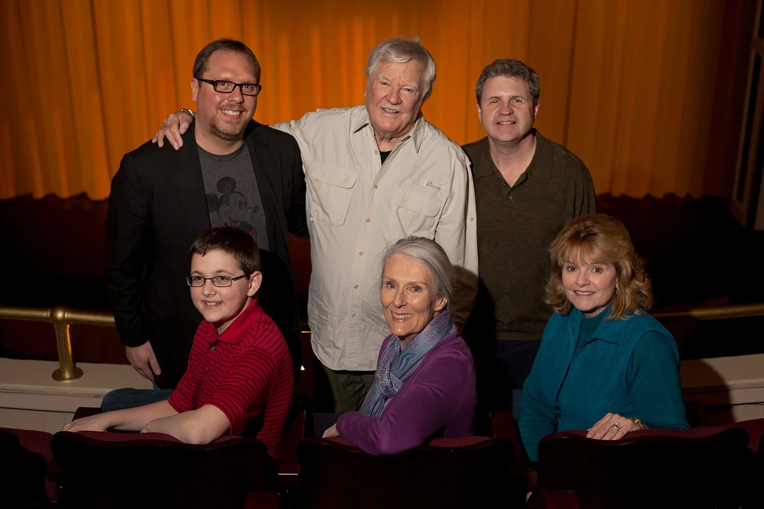 Hollywood actor James Best with Hickory Arts performers and students in theatre auditorium in Hickory, NC.