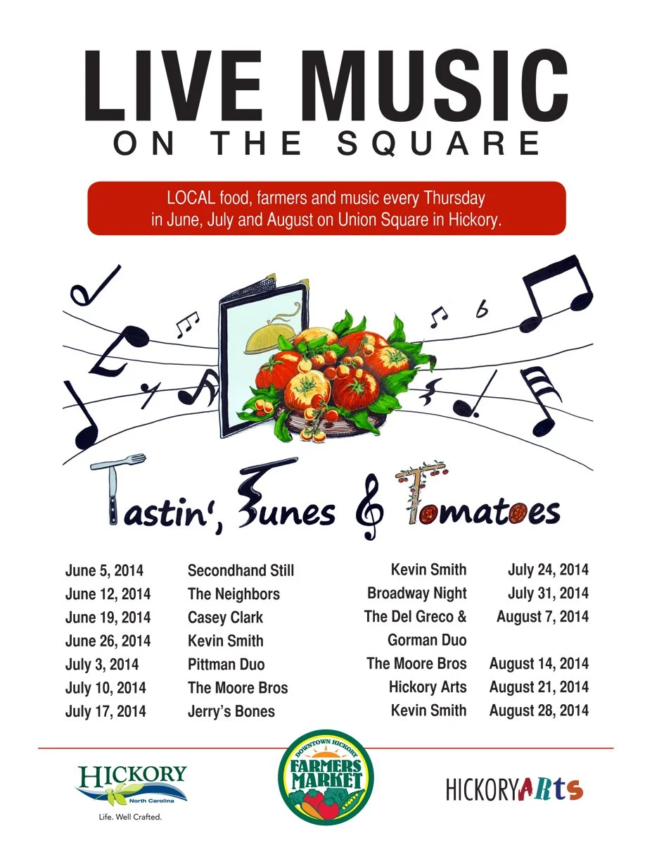 Hickory Arts featured in the 2014 Live Music on the Square summer concert series at Union Square in downtown Hickory, NC, supporting local music, arts, and community events.
