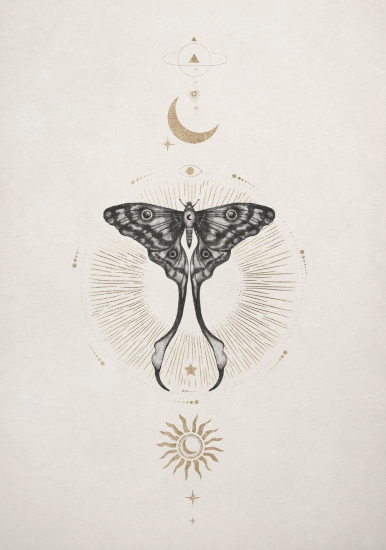 A detailed illustration featuring a butterfly at the center with celestial symbols above and below, including a crescent moon, stars, a sun, and geometric shapes, all in gold and black ink on a white background.