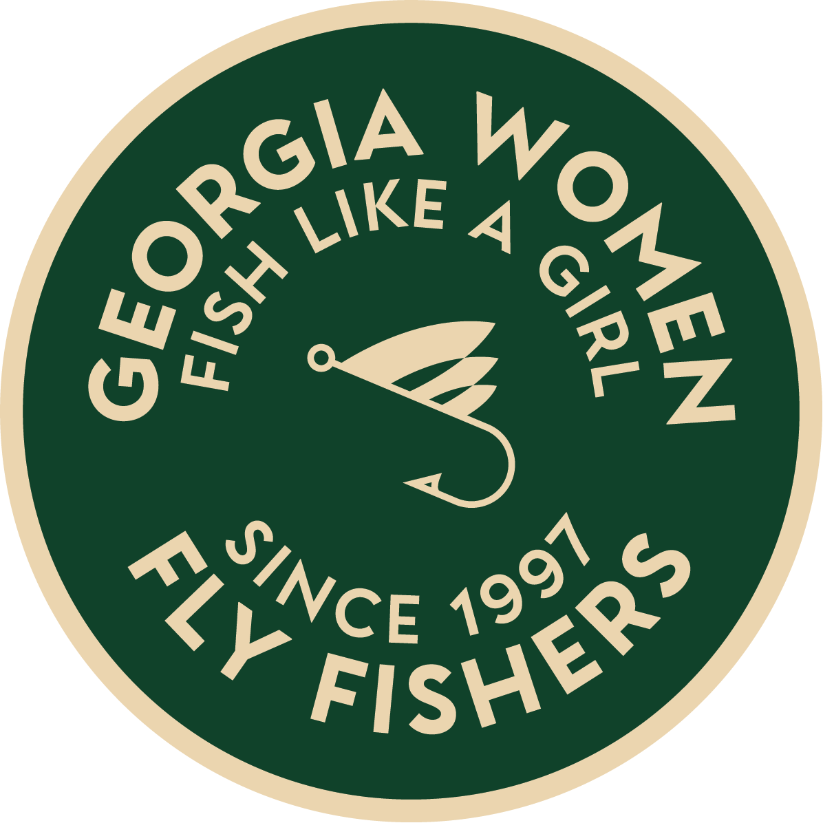 Green circular logo of Georgia Women Fly Fishers, featuring a dry fly in the center.