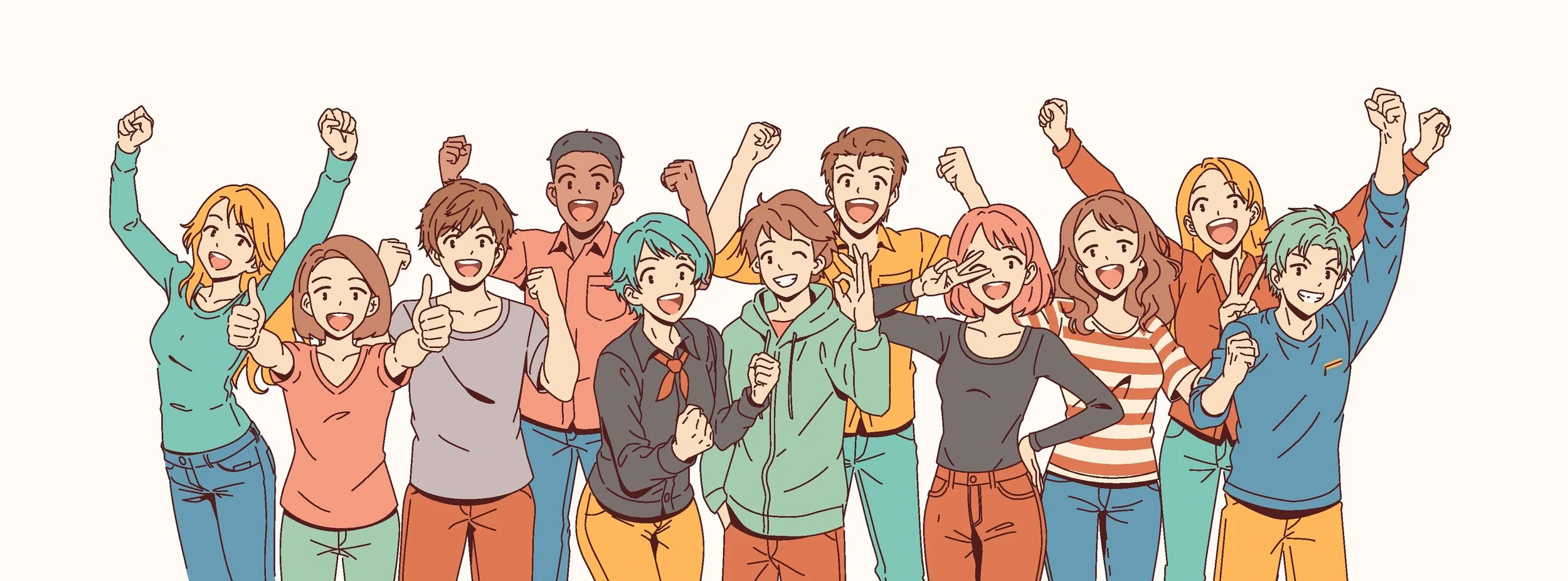 A joyful group of diverse young people expressing happiness and unity. They are smiling and cheering energetically, seeming to enjoy a positive moment against a clean background. Manga Illustration