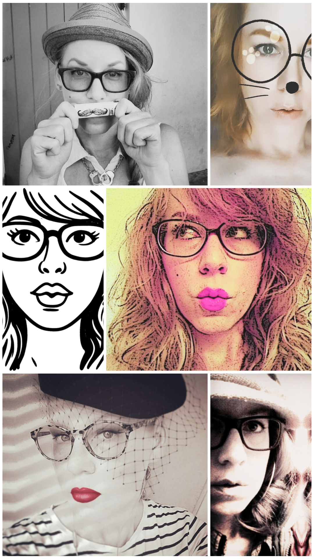 Collage of pictures featuring a woman wearing glasses, includes photos and illustrations, some with artistic effects like drawing and coloring.