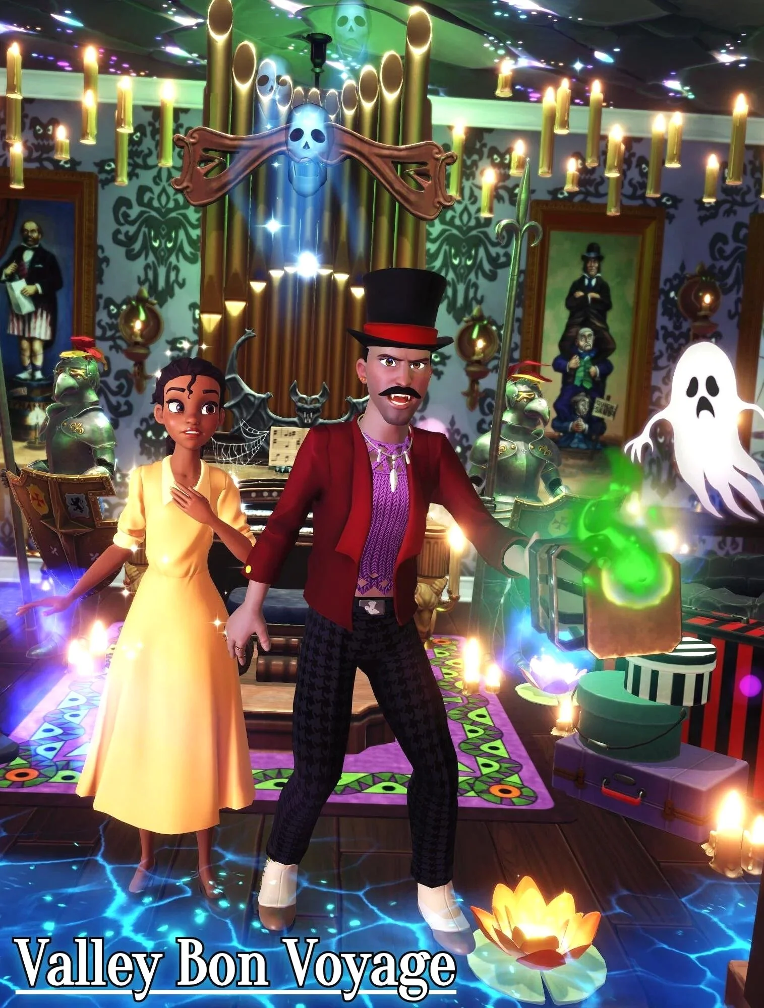 Tiana and an avatar made to look like Dr Facillier inside an gamer's rendition of The Haunted Mansion.  in-game artwork created in Disney Dreamlight Valley